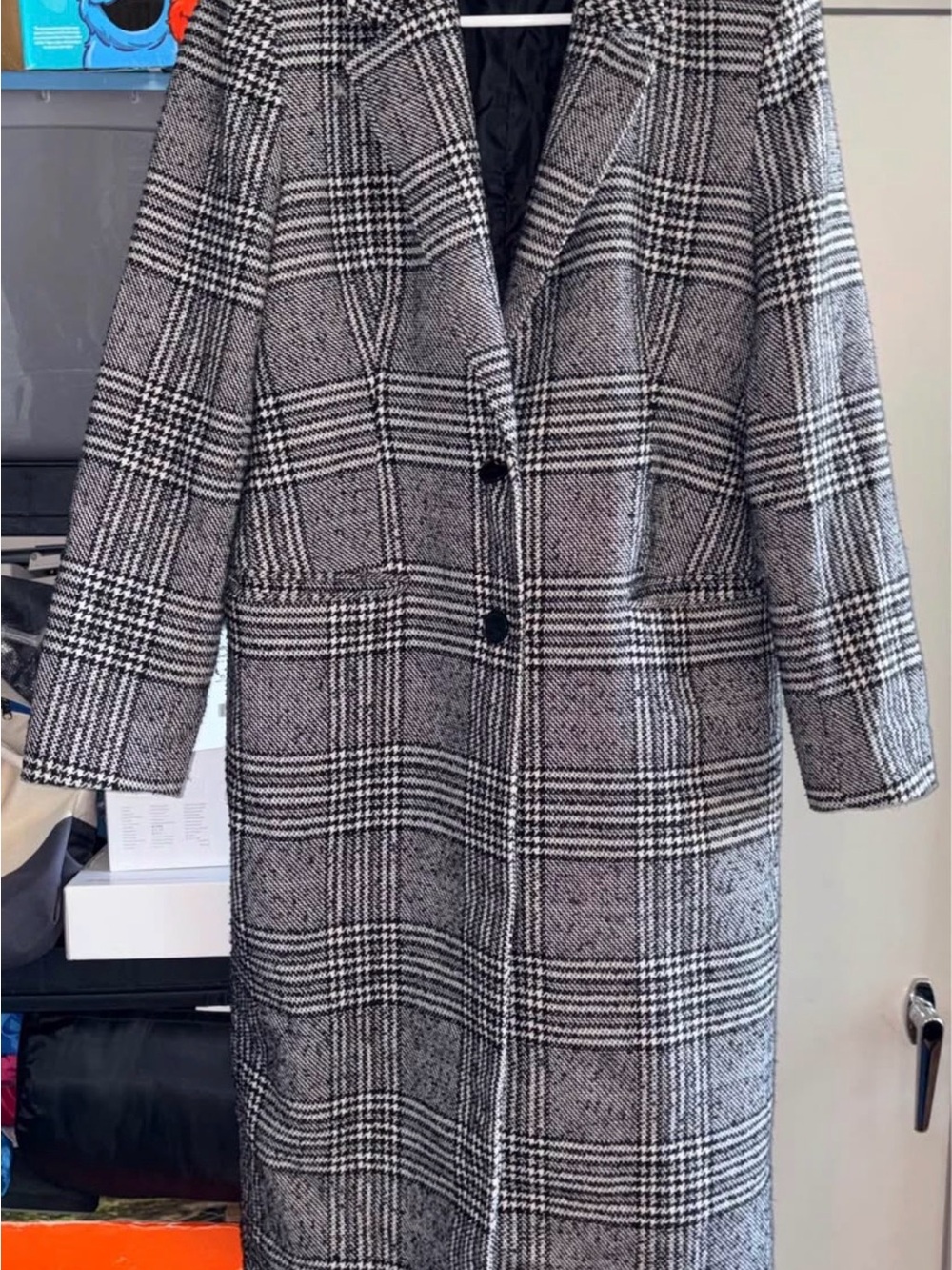 Express Black & White Plaid Long Trench Coat